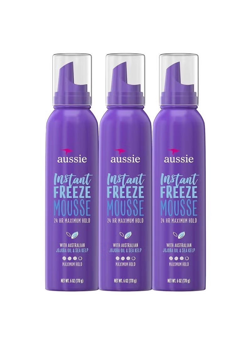 Aussie Aussie Mousse with Jojoba Sea Kelp Instant Freeze 24 Hour Hold 6 fl oz Triple Pack 