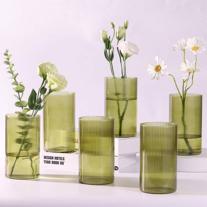 GLASS CYLINDER BUD VASES FOR CENTERPIECES 6 INCHES CLEAR RIBBED GLASS VASES BULK FOR WEDDING TABLE DECOR LORAL VASE BULK FLOWER VASES TALL HURRICANE CANDLE HOLDER FOR TABLE SHELF PARTY GREEN