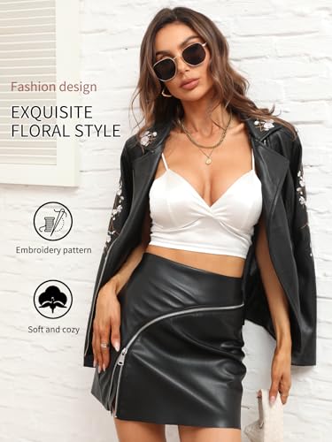 Bellivera Faux Leather Jackets for Womens Spring Fall Clothes Winter Soft Casual Short Floral Motorcycle Biker Coat 1702021 Black XXL - Image 2