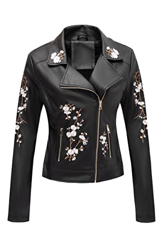 Bellivera Faux Leather Jackets for Womens Spring Fall Clothes Winter Soft Casual Short Floral Motorcycle Biker Coat 1702021 Black XXL - Image 1