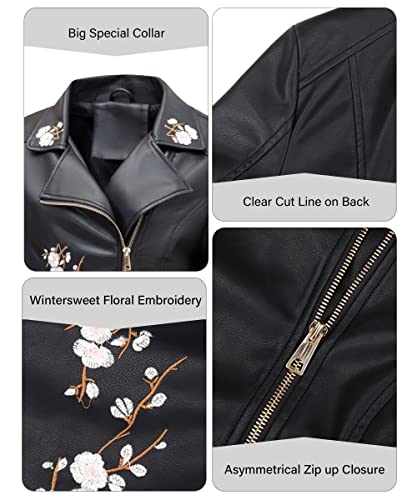 Bellivera Faux Leather Jackets for Womens Spring Fall Clothes Winter Soft Casual Short Floral Motorcycle Biker Coat 1702021 Black XXL - Image 4