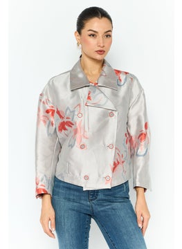 EMPORIO ARMANI Women Regular Fit Floral Print Belted Blazer, Light Grey  - Image 1