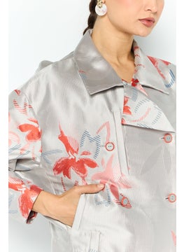 EMPORIO ARMANI Women Regular Fit Floral Print Belted Blazer, Light Grey  - Image 2