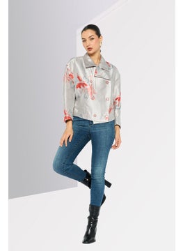 EMPORIO ARMANI Women Regular Fit Floral Print Belted Blazer, Light Grey  - Image 3