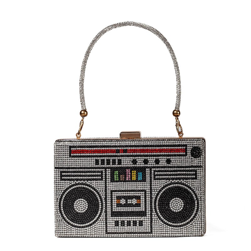 Renabro Women Retro Radio Shape Crossbody Bag Rhinestone Metal Vintage Evening Clutch Purses(silver radio) - Image 3
