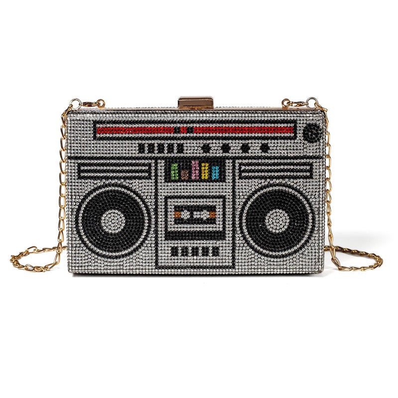 Renabro Women Retro Radio Shape Crossbody Bag Rhinestone Metal Vintage Evening Clutch Purses(silver radio) - Image 1