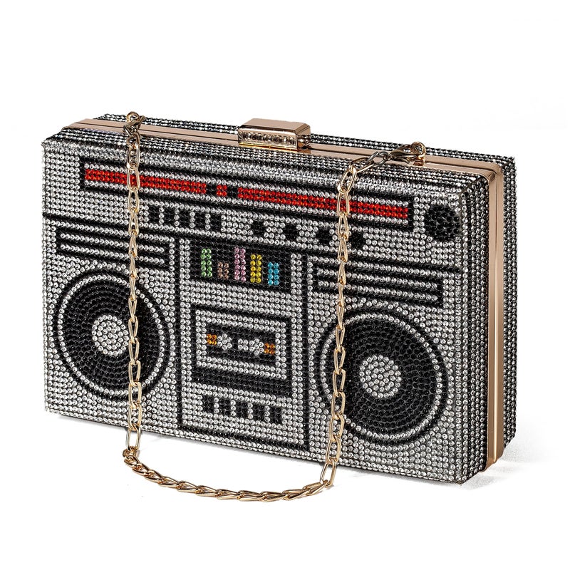 Renabro Women Retro Radio Shape Crossbody Bag Rhinestone Metal Vintage Evening Clutch Purses(silver radio) - Image 2