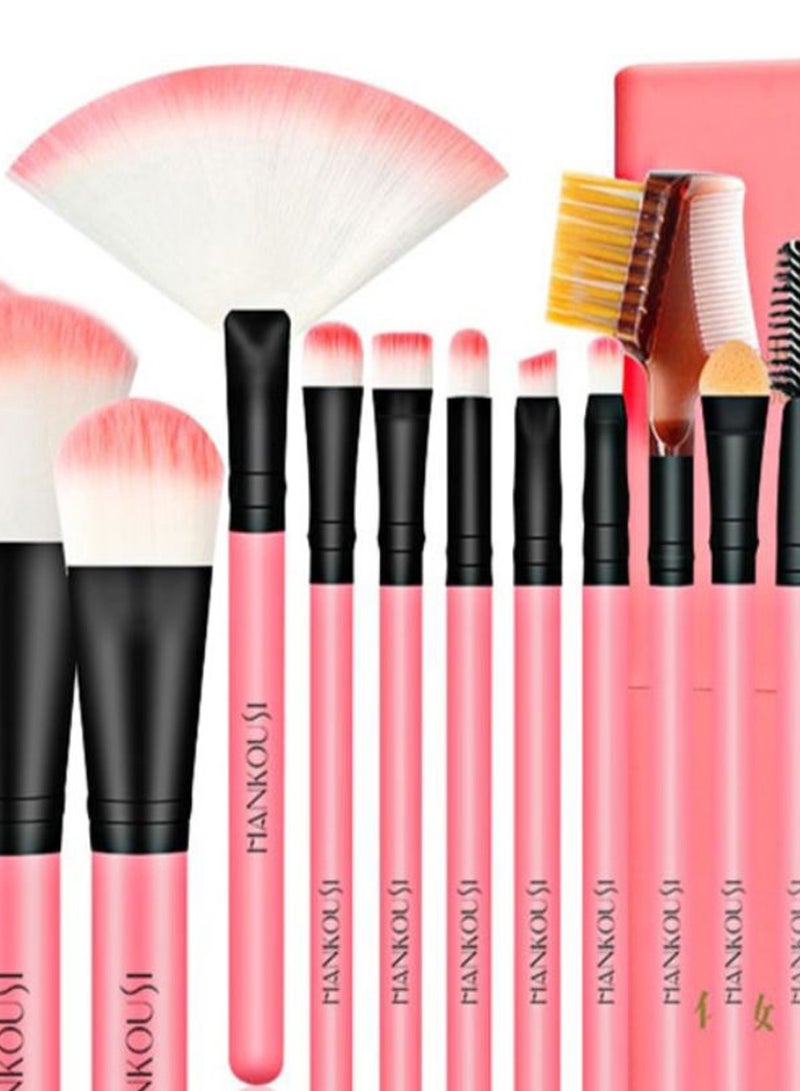 12-Piece Makeup Brush Set With Container And Puff Pink/Black/White - Image 2