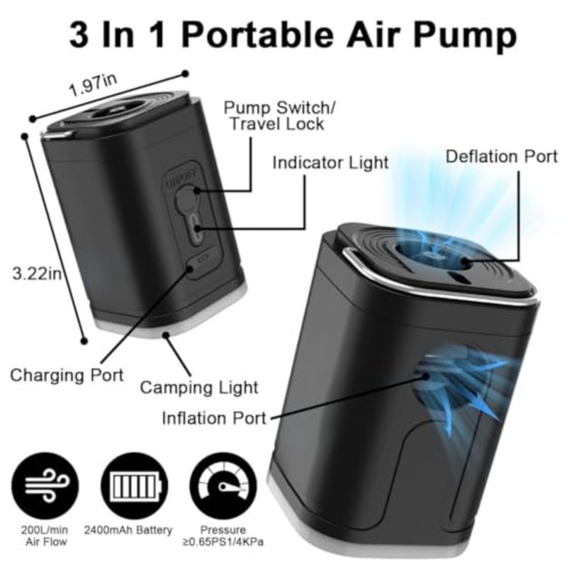 Electric Air Pump for Inflatables, 2400mAh Rechargeable Air Mattress Pump Quick Inflator Deflator Mini Portable Vacuum Pump 5 Nozzles and 3-Speed Camping Light for Pool Floats Vacuum Storage Bag Air Bed - Image 3