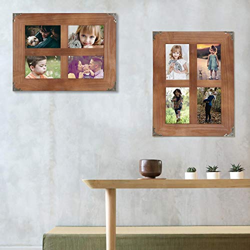 LOSOUR 4x6 picture frames collage, Window Pane 4 Opening 4x6 picture frame with Decorative Metal Corners for Table Top Display and Wall mounting Photo Frame (Brown, 16.2x12.2 inch) - Image 3