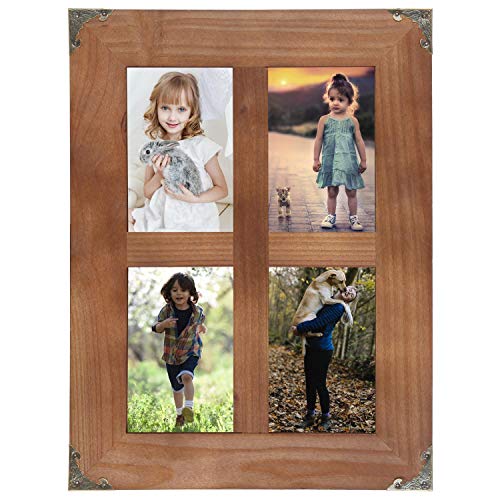 LOSOUR 4x6 picture frames collage, Window Pane 4 Opening 4x6 picture frame with Decorative Metal Corners for Table Top Display and Wall mounting Photo Frame (Brown, 16.2x12.2 inch) - Image 1