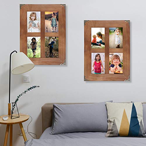 LOSOUR 4x6 picture frames collage, Window Pane 4 Opening 4x6 picture frame with Decorative Metal Corners for Table Top Display and Wall mounting Photo Frame (Brown, 16.2x12.2 inch) - Image 2