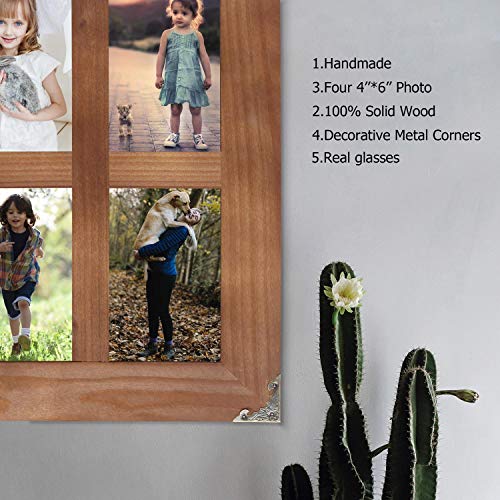 LOSOUR 4x6 picture frames collage, Window Pane 4 Opening 4x6 picture frame with Decorative Metal Corners for Table Top Display and Wall mounting Photo Frame (Brown, 16.2x12.2 inch) - Image 5