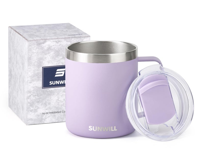 SUNWILL Travel Coffee Mug with Lid, Insulated Tumbler with Handle, 14 oz Stainless Steel Cup for Home, Office, Camping, Powder Coated Orchid - Image 5