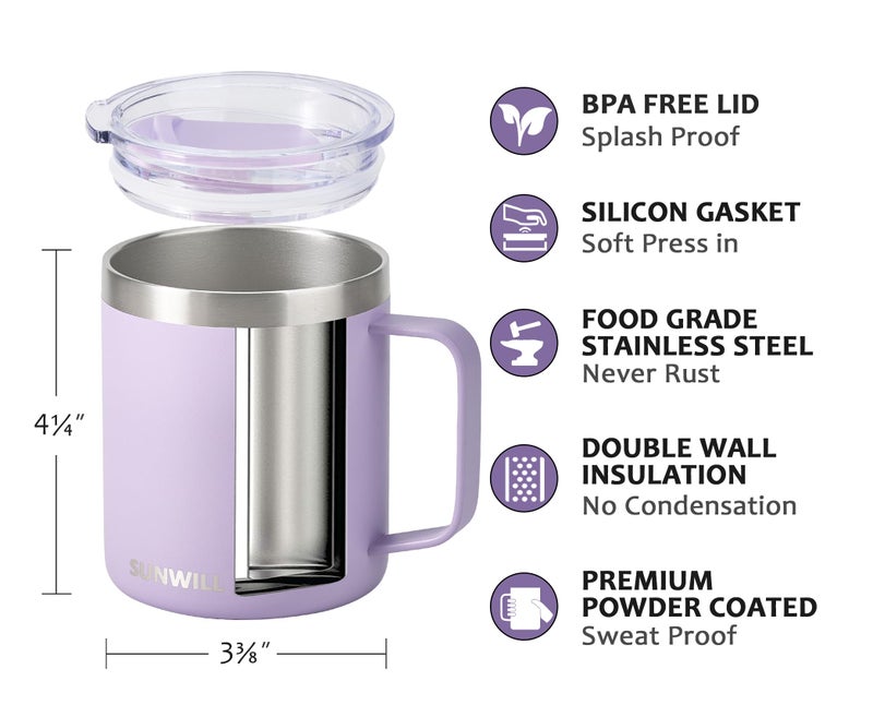 SUNWILL Travel Coffee Mug with Lid, Insulated Tumbler with Handle, 14 oz Stainless Steel Cup for Home, Office, Camping, Powder Coated Orchid - Image 2