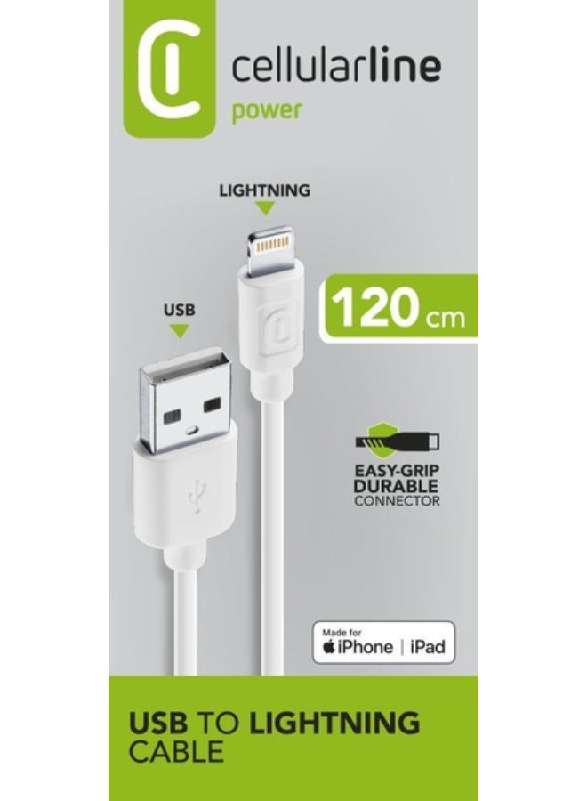 سيلولار لاين كابل شحن Cellularline بطول 120 سم من USB-A إلى Lightning –  أبيض - Image 2