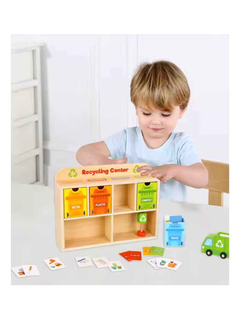Mini Recycling Centre Wooden Playset for Kids – Educational Sorting Game with Bins, Trucks & Signs – Montessori Environmental Awareness Toy for Ages 3+ - Image 1
