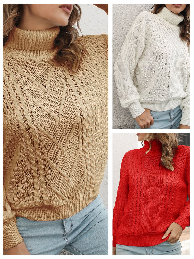 Women Sweater Turtleneck Cable Loose Casual Pullovers - Image 1