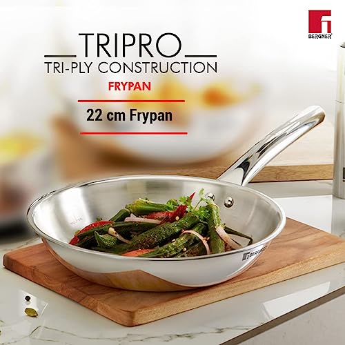 Bergner Tripro BE Essentials 5 Pc Triply Cookware Set - Kadai 24cm/3L with Lid, 22cm/1.5L Frypan, Shallow Biryani Pan 24cm/3.9L with Lid, Less Oil Use, Healthy Cooking - Induction and Gas Stove Ready - Image 5