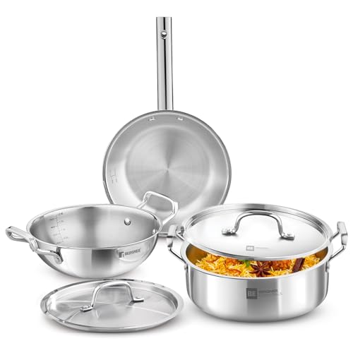 Bergner Tripro BE Essentials 5 Pc Triply Cookware Set - Kadai 24cm/3L with Lid, 22cm/1.5L Frypan, Shallow Biryani Pan 24cm/3.9L with Lid, Less Oil Use, Healthy Cooking - Induction and Gas Stove Ready - Image 1