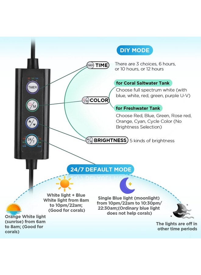 هايغر مصباح LED لحوض السمك المالح من hygger Clip On 24/7، وضع شروق الشمس - ضوء النهار - ضوء القمر 22 وات ووضع DIY، مؤقت قابل للتعديل سطوع قابل للتعديل لحوض السمك مع 7 ألوان لحوض المرجان البحري - Image 4