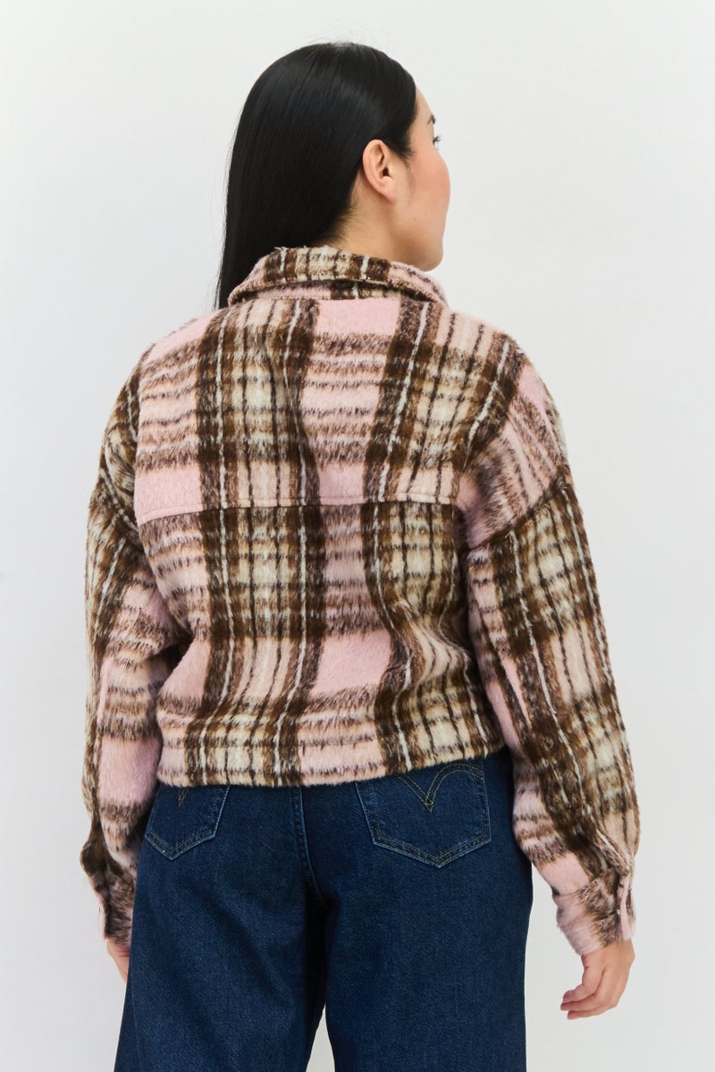 Native Youth Women Checkered Long Sleeve Jacket Shirt, Pink Combo - Image 2