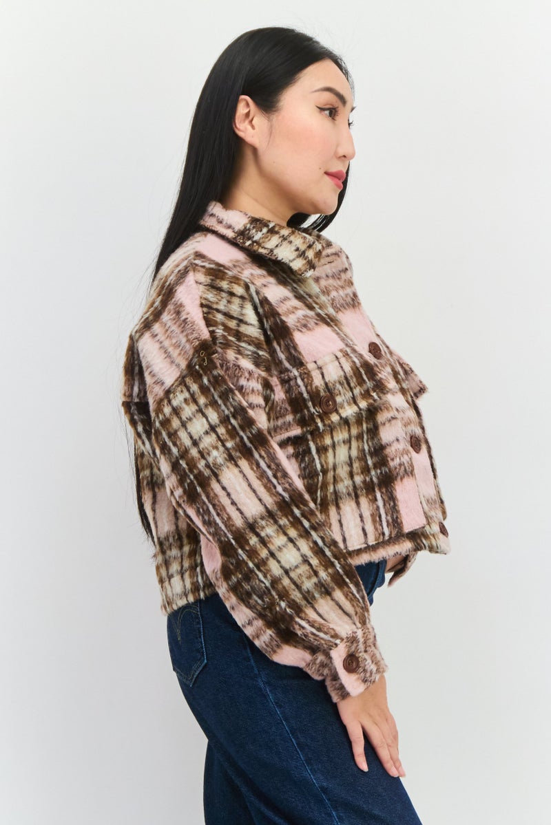 Native Youth Women Checkered Long Sleeve Jacket Shirt, Pink Combo - Image 4