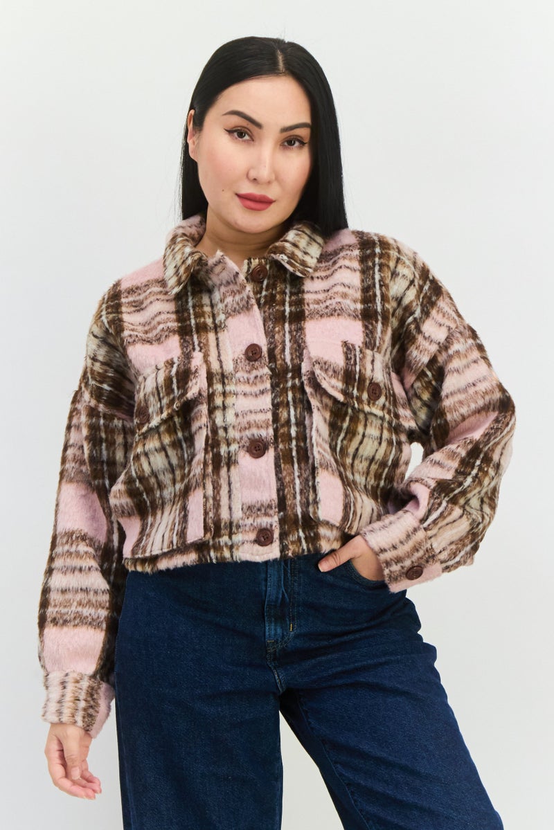 Native Youth Women Checkered Long Sleeve Jacket Shirt, Pink Combo - Image 1
