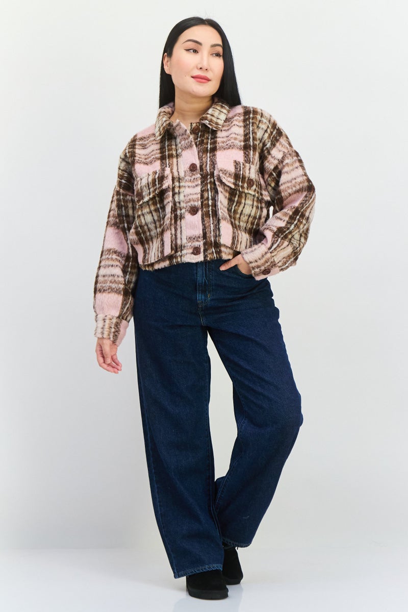 Native Youth Women Checkered Long Sleeve Jacket Shirt, Pink Combo - Image 3