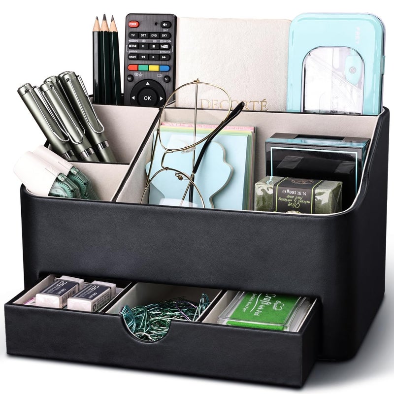 KINGFOM Desk Organizer with Drawer, Multifunction Pencil Holder for Desk, Desk Organizer and Accessories 5 Compartments for Home Office Supplies (Black) - Image 1