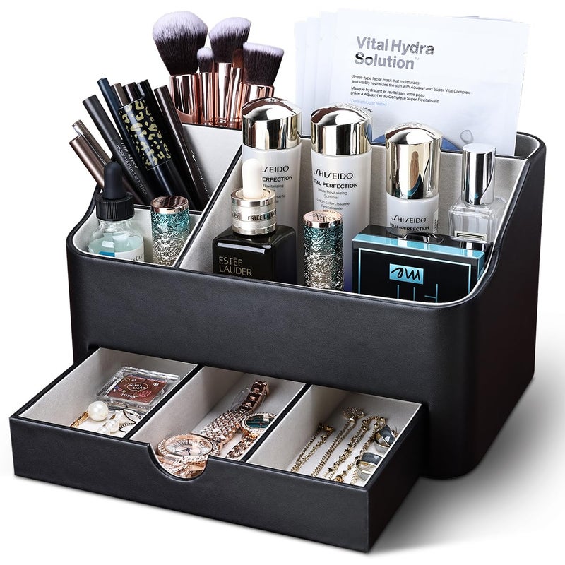 KINGFOM Desk Organizer with Drawer, Multifunction Pencil Holder for Desk, Desk Organizer and Accessories 5 Compartments for Home Office Supplies (Black) - Image 2