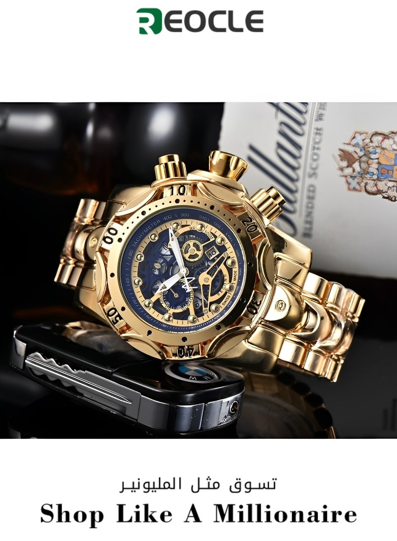 REOCLE Men's Quartz Watch Stainless Steel Clock with Luminous Dial & Hollow Design & Chronograph Date  Waterproof Dress Wrist Watches for Men - Image 1