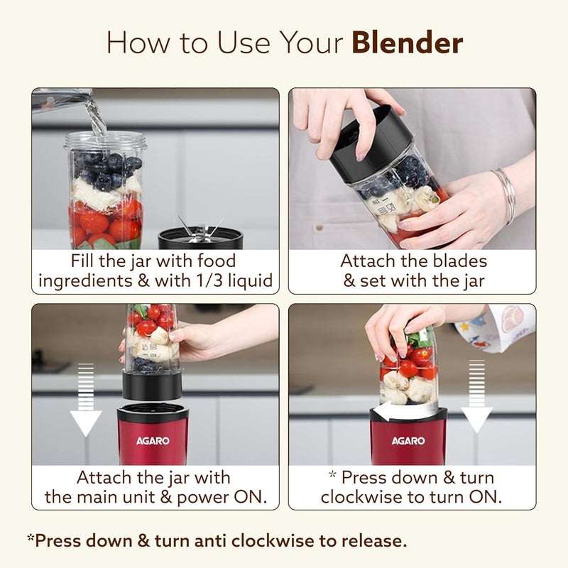 AGARO Regal 3 Jar Personal Blender, 400 Watts, Mixer/Grinder/Smoothie/Juice Maker, Serrated & Cross Ss Blade, Copper Motor, Juices, Nut Butter, Milkshakes, Idli/Dosa, Indian Spice Masala & Chutney - Image 5