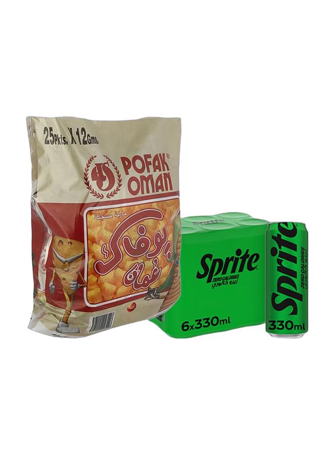 noon Pofak Oman Oman Corn Flavor Chips 12grams Pack of 25 + Sprite Zero Lemon Lime Carbonated Soft Drink Can Pack 6 x 330ml - Image 1