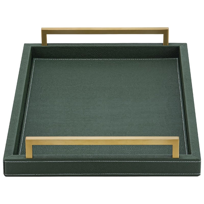 XIGEXIGE Green Decorative Serving TrayRectangular Tray for Coffee TableFaux Leather Serving Tray with Handles for OttomanShagreen Leather Tray for Bathroom