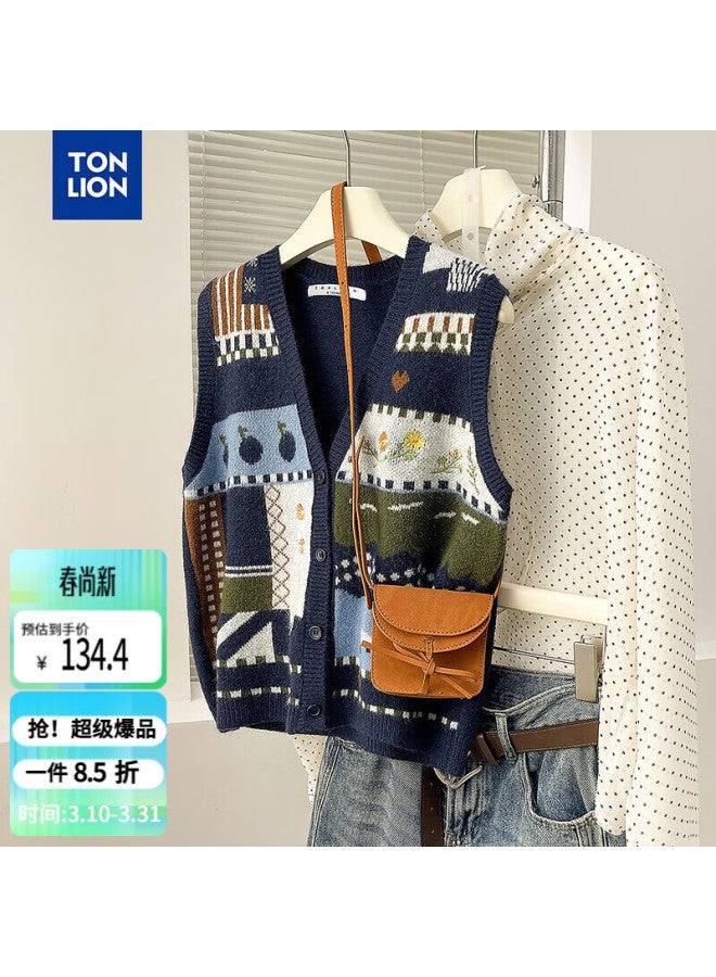Tonlion Autumn Winter Women's V-neck Cardigan Vest With Fun Patterns - Image 1