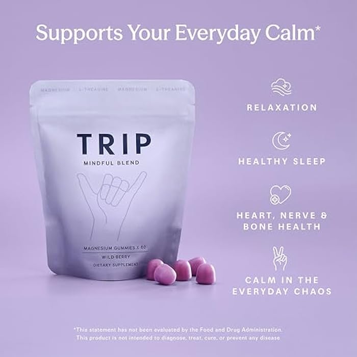 TRIP Magnesium Citrate Gummies Infused with L Theanine, Vegan, Sugar Free Magnesium Supplement for Adults, 180mg per Serving, On The Go Gummy, Wild Berry Flavor, 1 Bag - 60 Count - Image 4