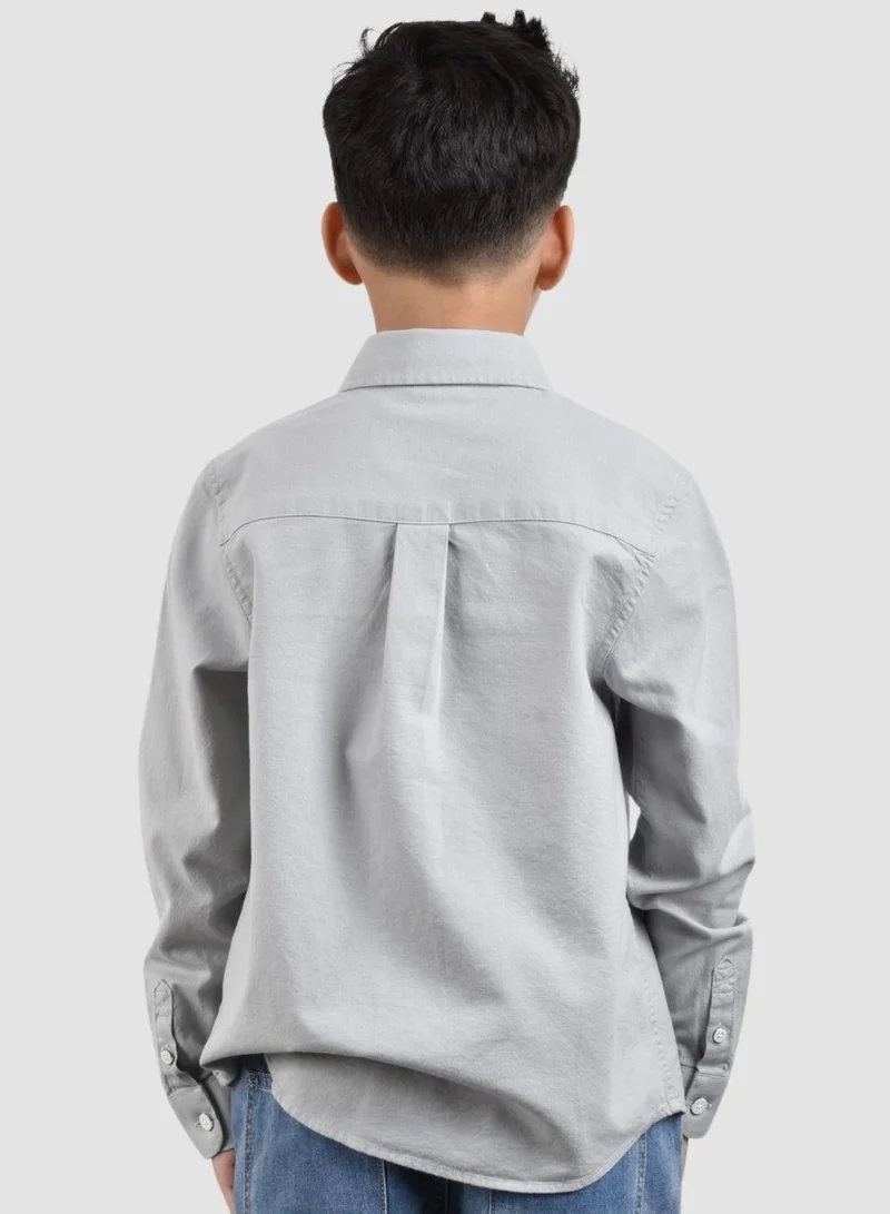 GIORDANO Junior Cotton Oxford Full Opening Long Sleeve Slim Fit Embroidery Garment Wash Shirt