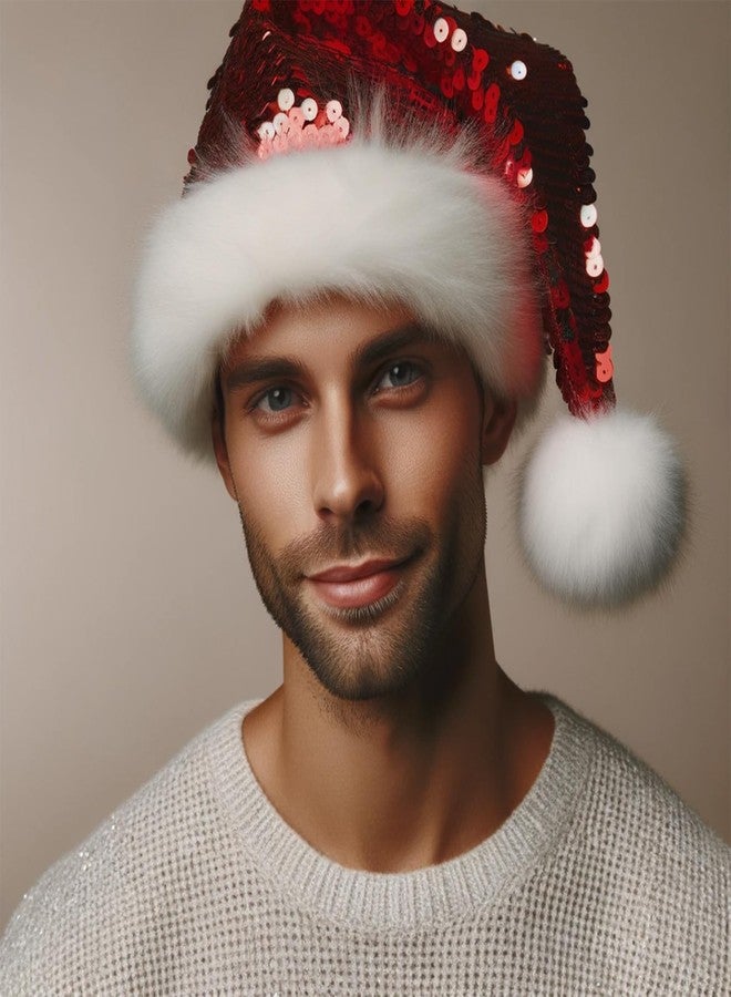 Inxens Red Sequin Santa Hat for Women Men Adults, Large Glitter Plush Santa Claus Hat, Sparkly Christmas Party Accessory, Holiday Headwear with Comfort Liner - Image 4