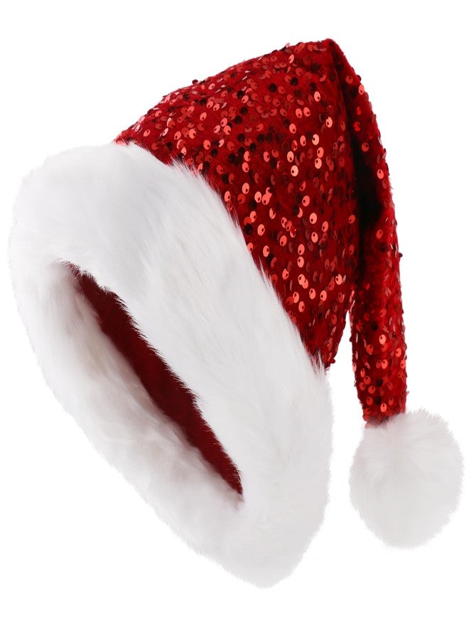 Inxens Red Sequin Santa Hat for Women Men Adults, Large Glitter Plush Santa Claus Hat, Sparkly Christmas Party Accessory, Holiday Headwear with Comfort Liner - Image 2