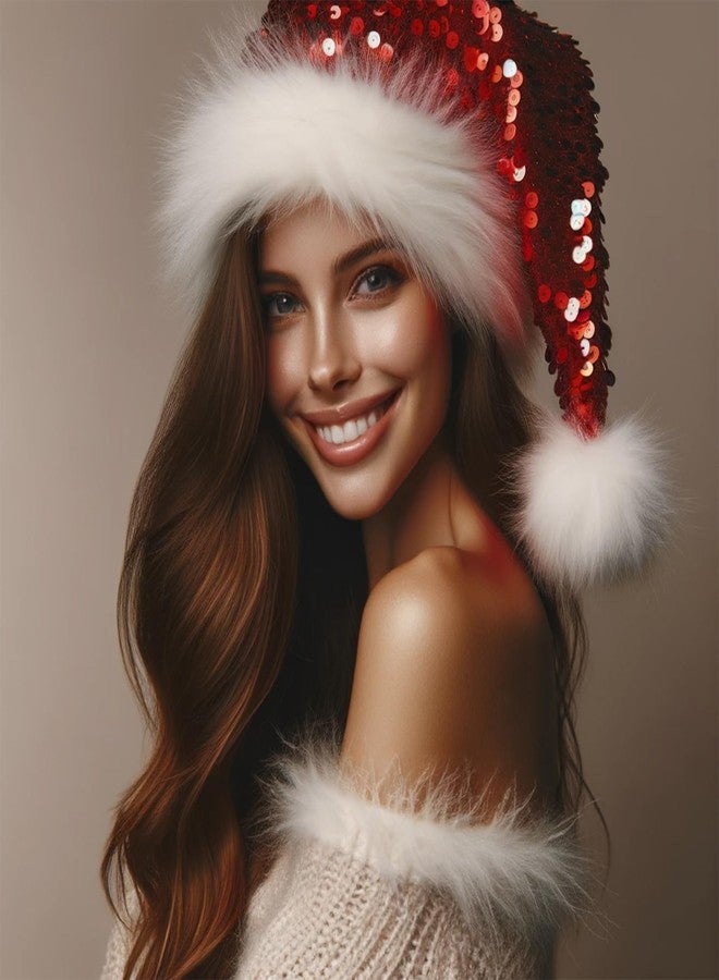 Inxens Red Sequin Santa Hat for Women Men Adults, Large Glitter Plush Santa Claus Hat, Sparkly Christmas Party Accessory, Holiday Headwear with Comfort Liner - Image 3