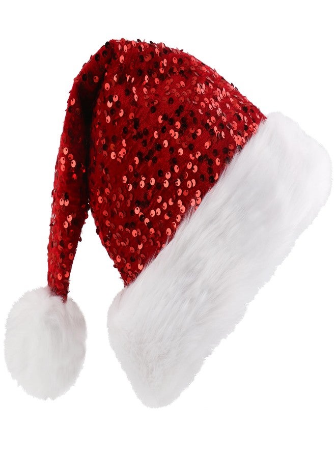 Inxens Red Sequin Santa Hat for Women Men Adults, Large Glitter Plush Santa Claus Hat, Sparkly Christmas Party Accessory, Holiday Headwear with Comfort Liner - Image 1