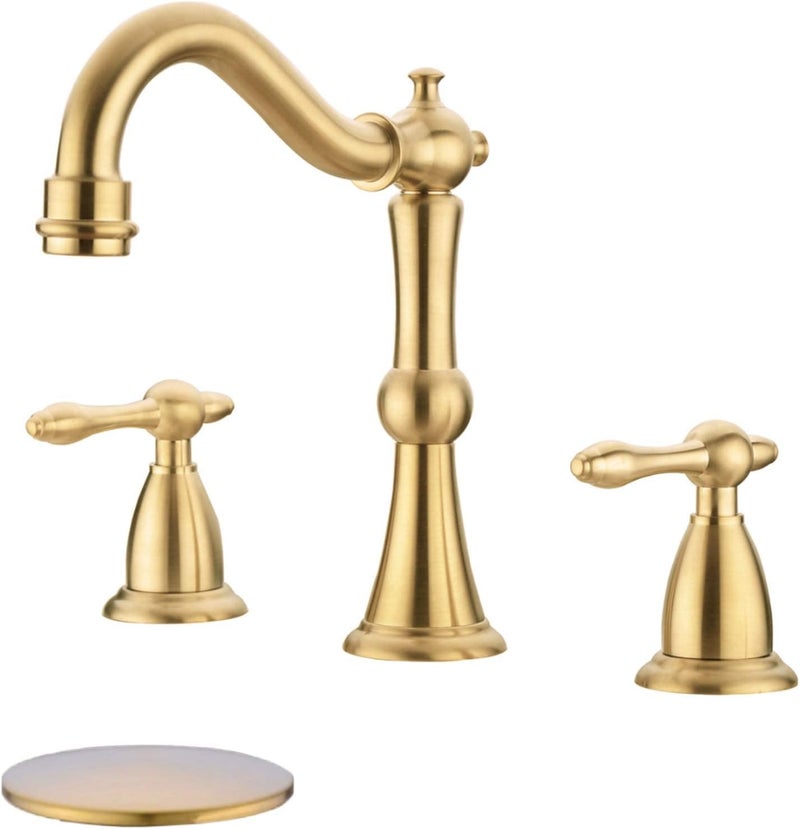 TRUSTMI 2 Handle 8Inch Widespread Bathroom Faucet with Popup Drain Assembly and cUPC Water Supply Hoses 3 Hole Lavatory Sink Faucet Brushed Gold - Image 1