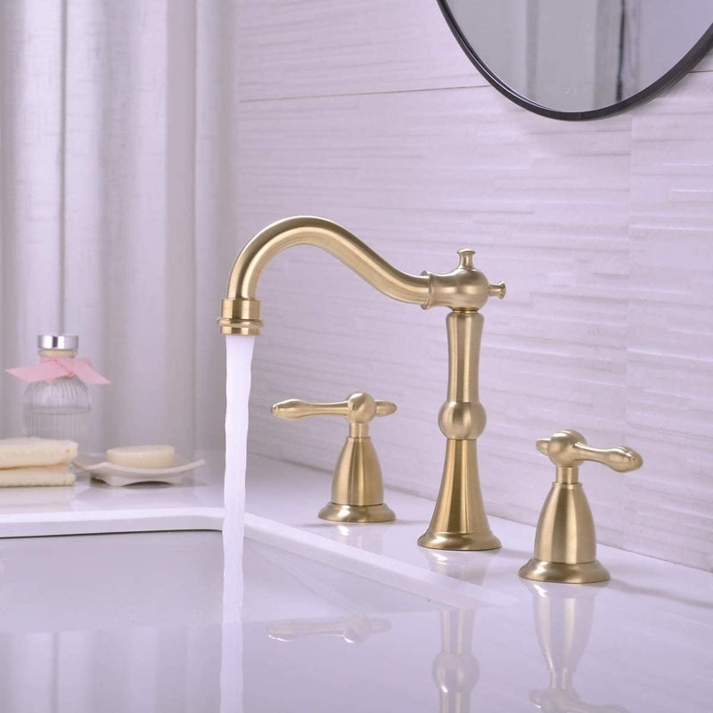 TRUSTMI 2 Handle 8Inch Widespread Bathroom Faucet with Popup Drain Assembly and cUPC Water Supply Hoses 3 Hole Lavatory Sink Faucet Brushed Gold - Image 2