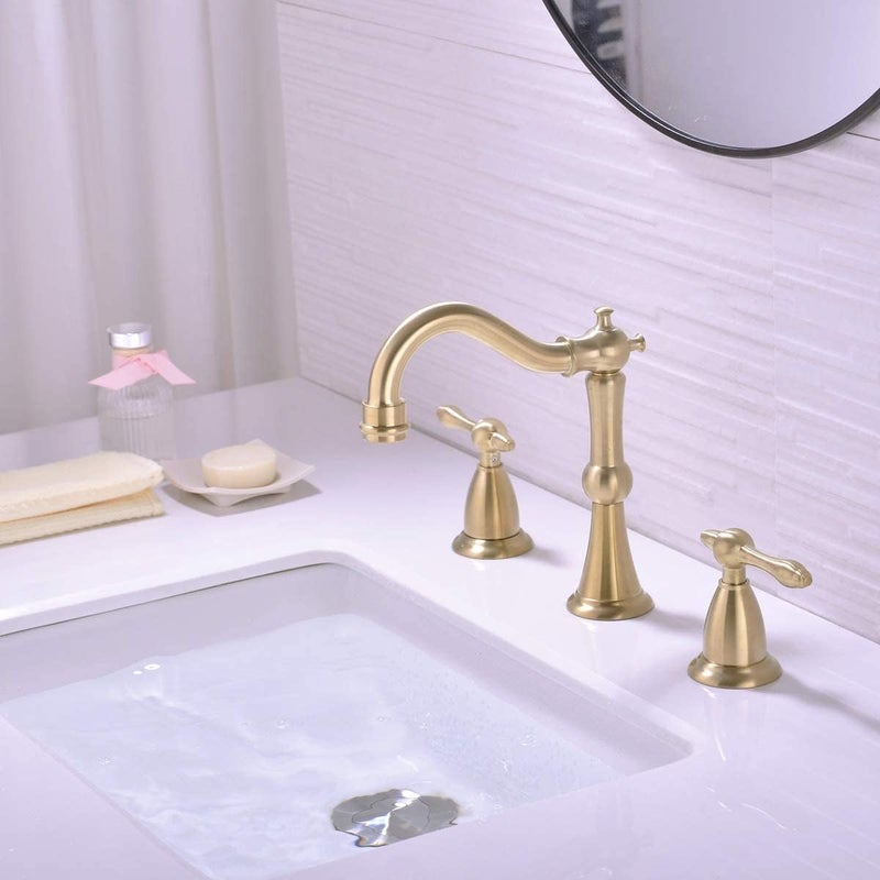 TRUSTMI 2 Handle 8Inch Widespread Bathroom Faucet with Popup Drain Assembly and cUPC Water Supply Hoses 3 Hole Lavatory Sink Faucet Brushed Gold - Image 3