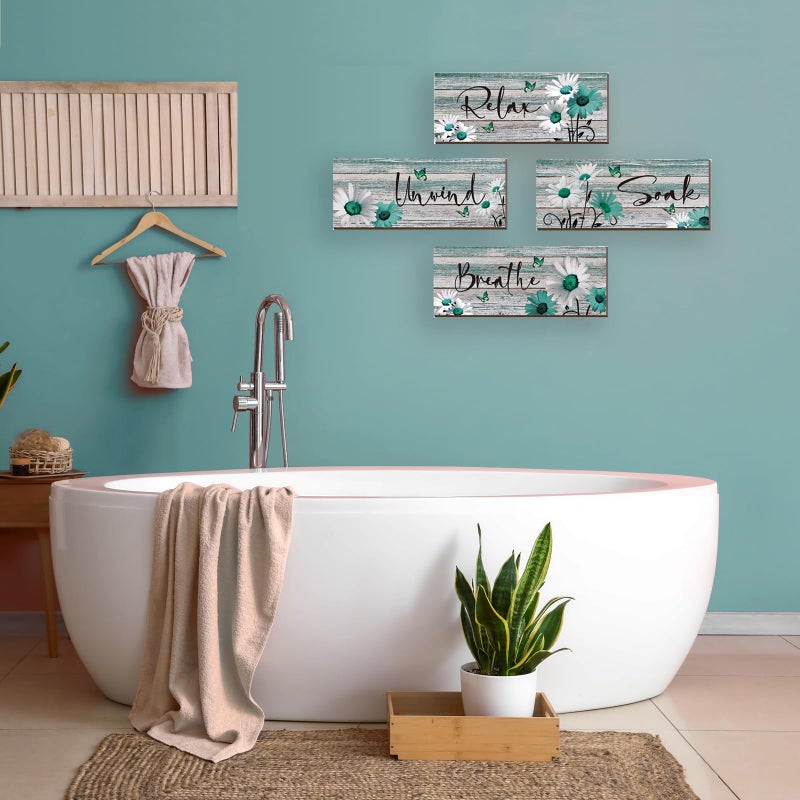 ZINYAZHE 4 Pcs Farmhouse Bathroom Wall Decor Teal Daisy Floral Flowers and Turquoise Butterfly Teal Bathroom Art Relax Soak Unwind Breathe Rustic Wood Plaque for Home Spa Laundry (10 x 4 Inch) - Image 4