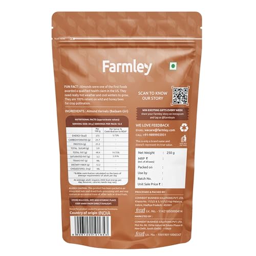Farmley California Almonds Whole 250g | High Fiber & Protein | Premium Badam Giri | Value Pack (Pack of 1) - Image 2