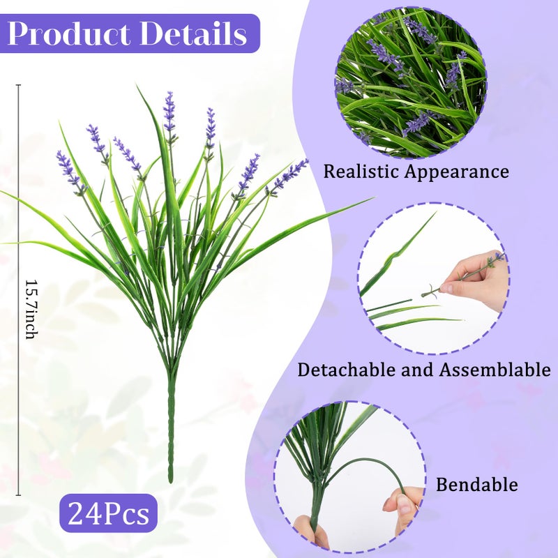 Besteek 24 Bundles Artificial Plants Flowers Outdoor, Faux Lavender Flowers Fake Monkey Grass UV Resistant Plastic Plant for Porch Garden Patio Window Home Decor, Purple - Image 2