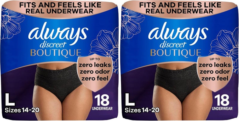 Always Discreet Boutique Incontinence and Postpartum Underwear for Women Maximum Protection L Black 18 Count Packaging May Vary Pack of 2 - Image 1