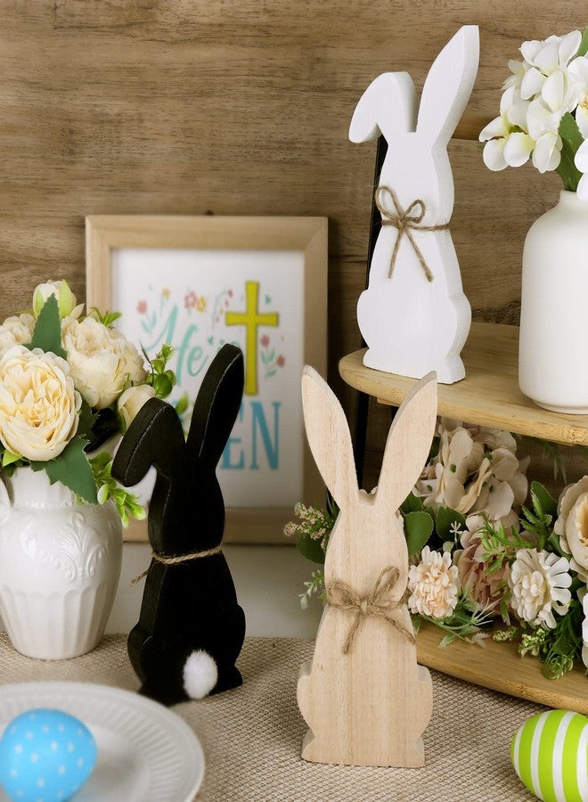 Treory Easter Decorations for the Home, 3 pcs Easter Bunny Wooden Table Centerpiece Signs Rustic Tiered Tray Farmhouse Decor for Gifts, Black, White, Natural Wood Color - Image 4